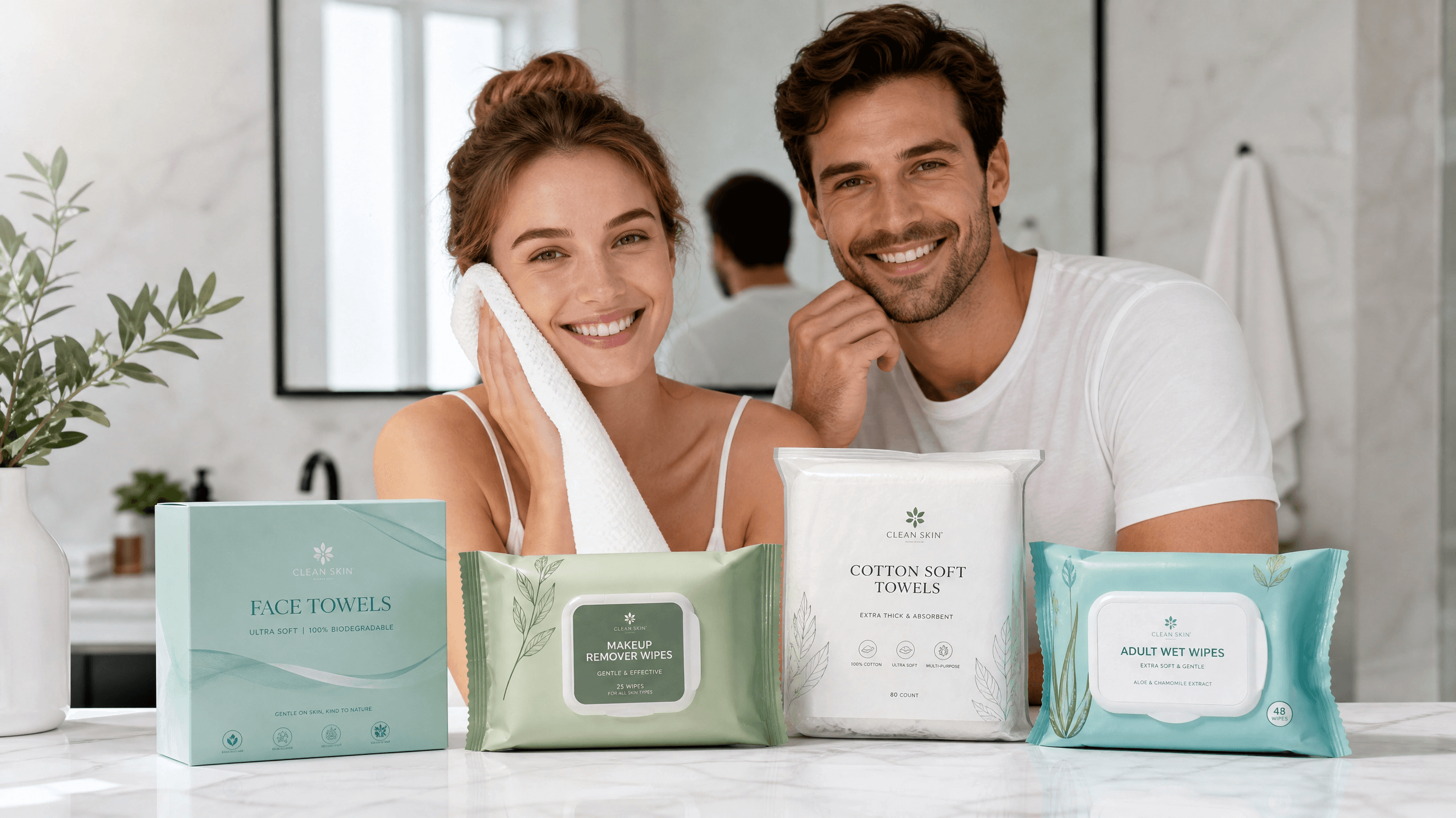 A man and a woman smile at the camera, with everyday personal care products such as adult wipes, makeup remover wipes, and cotton wipes laid out in front of them.