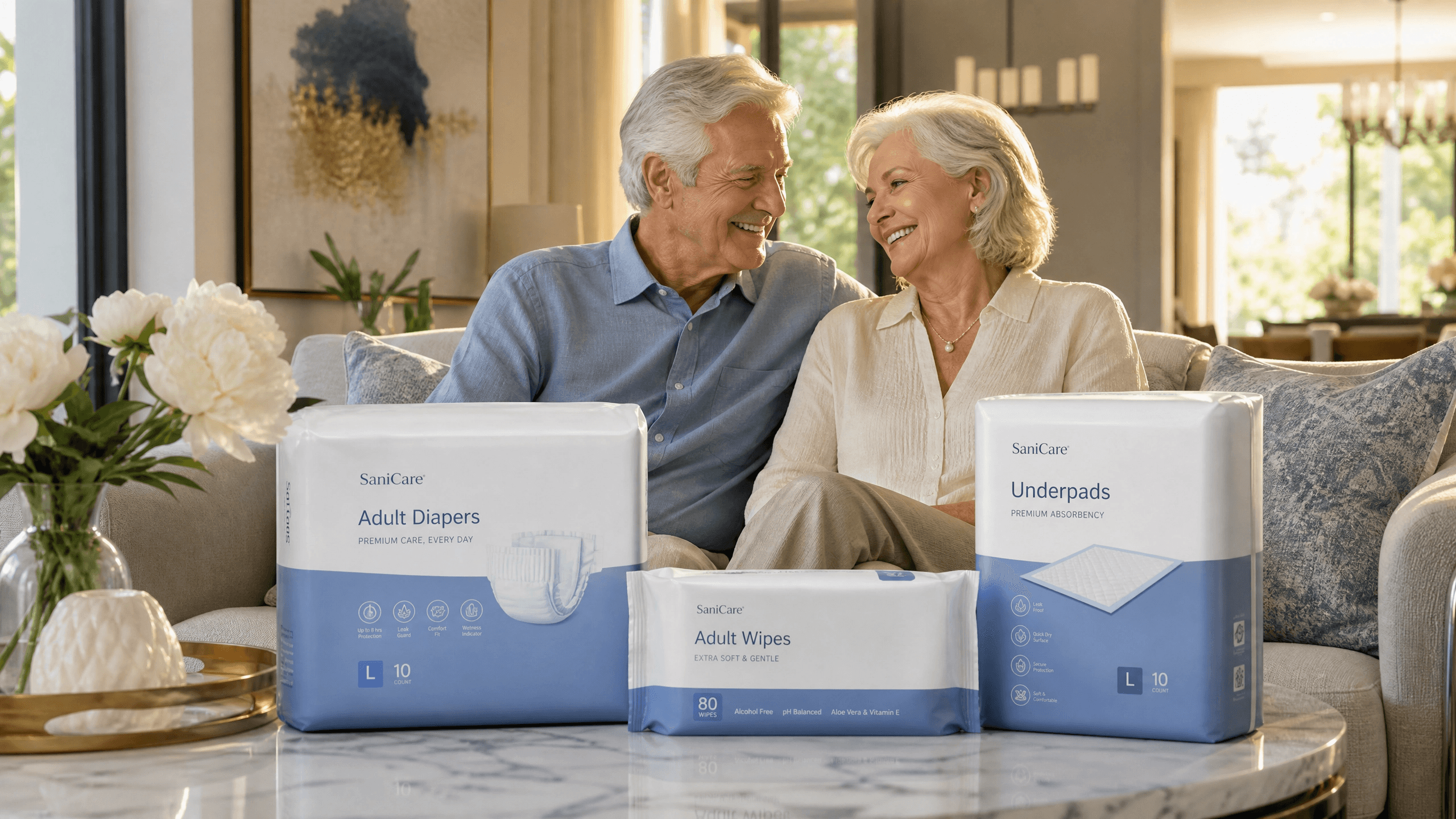 The two elderly people smiled at the camera, with everyday elderly care products such as adult diapers and adult incontinence pads laid out in front of them.