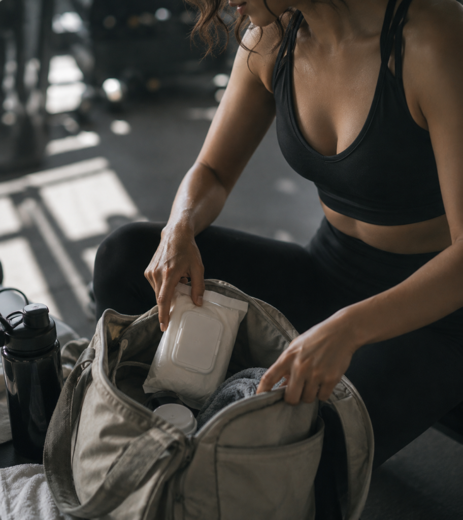 The fitness scene only features actual personal items such as workout wipes, towels, and water bottles.