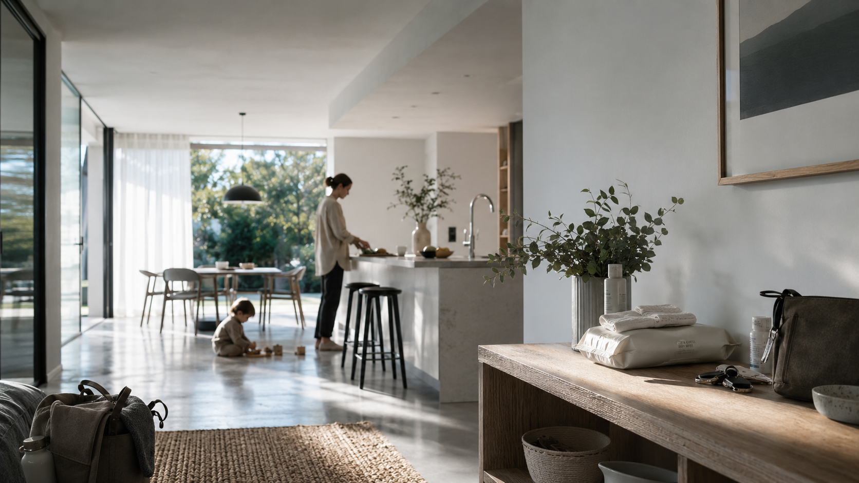 A spacious, realistic residential space, bathed in natural morning light. An adult is positioned to the side and slightly behind, adjusting their coat/personal belongings; another family member is only partially visible. On an open shelf in the foreground or to the side, naturally placed: A pack of wet wipes Folded absorbent care products Simple personal care items A cloth bag Keys/water bottle, and other everyday items.