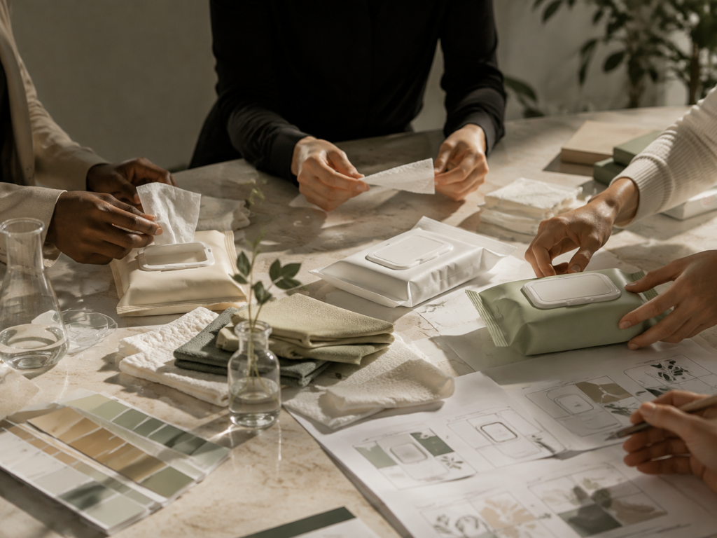 A diverse international product team collaborating around a table, focusing on product samples, material selection and packaging concepts.