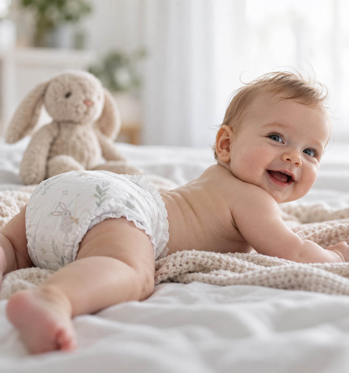 Bright natural light, realistic baby skin texture, soft bedding, and realistic diaper structure