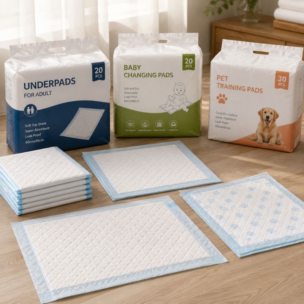 Pet pee pads, baby pee pads, and adult pee pads with white non-woven absorbent surface, embossed core, sealed edges, and waterproof bottom film. Also available as part of a complete pack of pee pads.